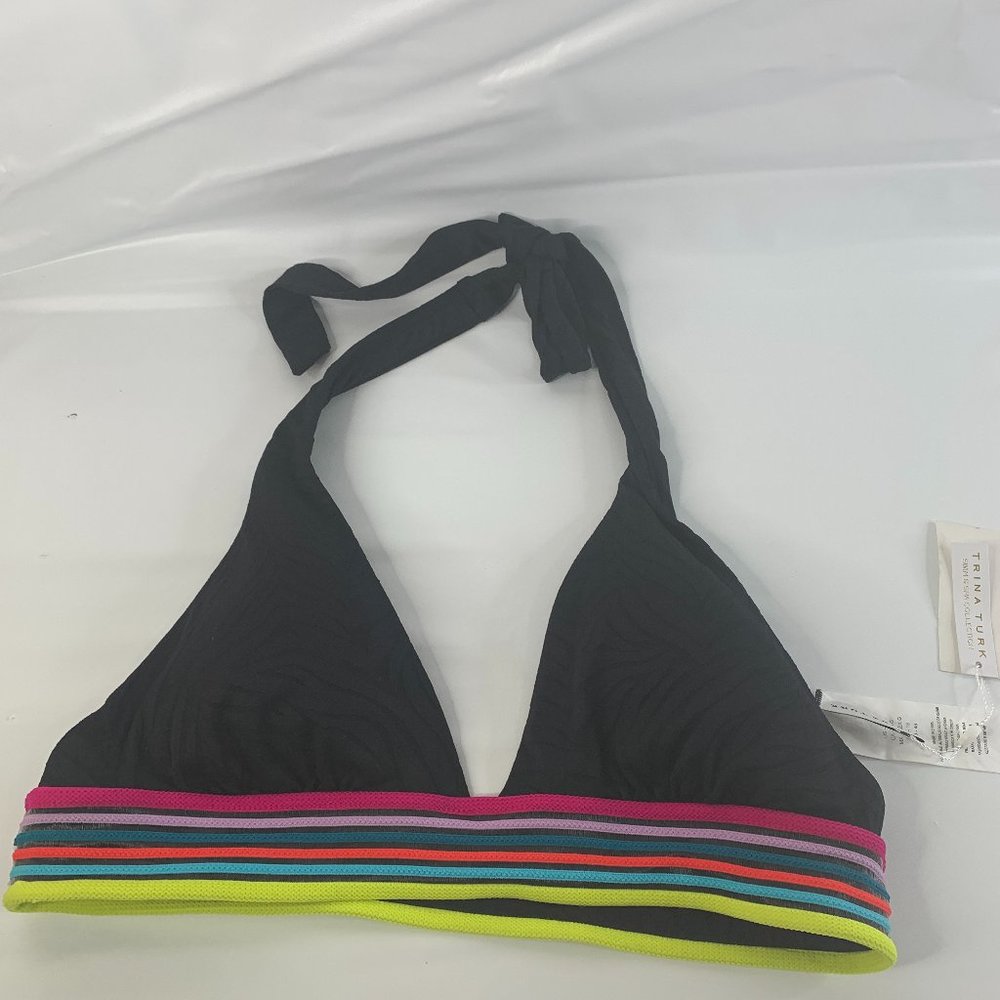 Trina Turk Womens Black Triangle Halter Hipster Bikini Swimsuit Top Size 14